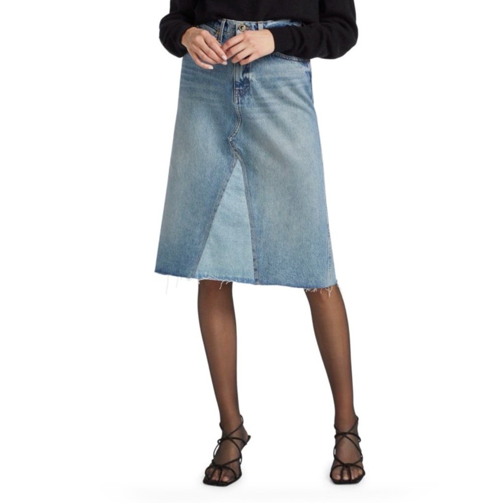 KHAITE Two-Tone Light Blue Denim Midi Skirt